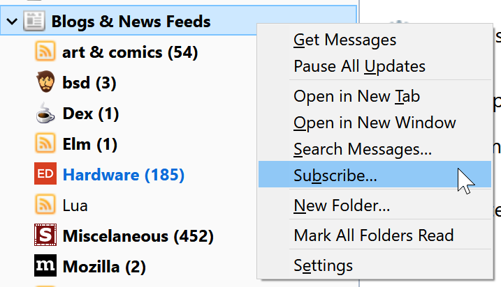 The contextual menu for a Feed account showing the subscribe option